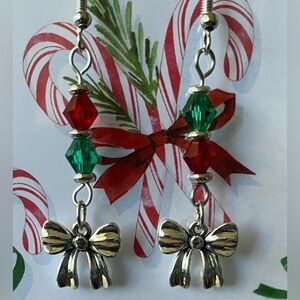 Charming Silver Bow Earrings with Red and Green Crystal Accents